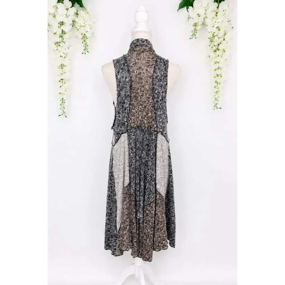 Lagenlook Open Knit Duster Vest Large Wool Blend Gray Marled Waterfall Boho - Picture 4 of 15